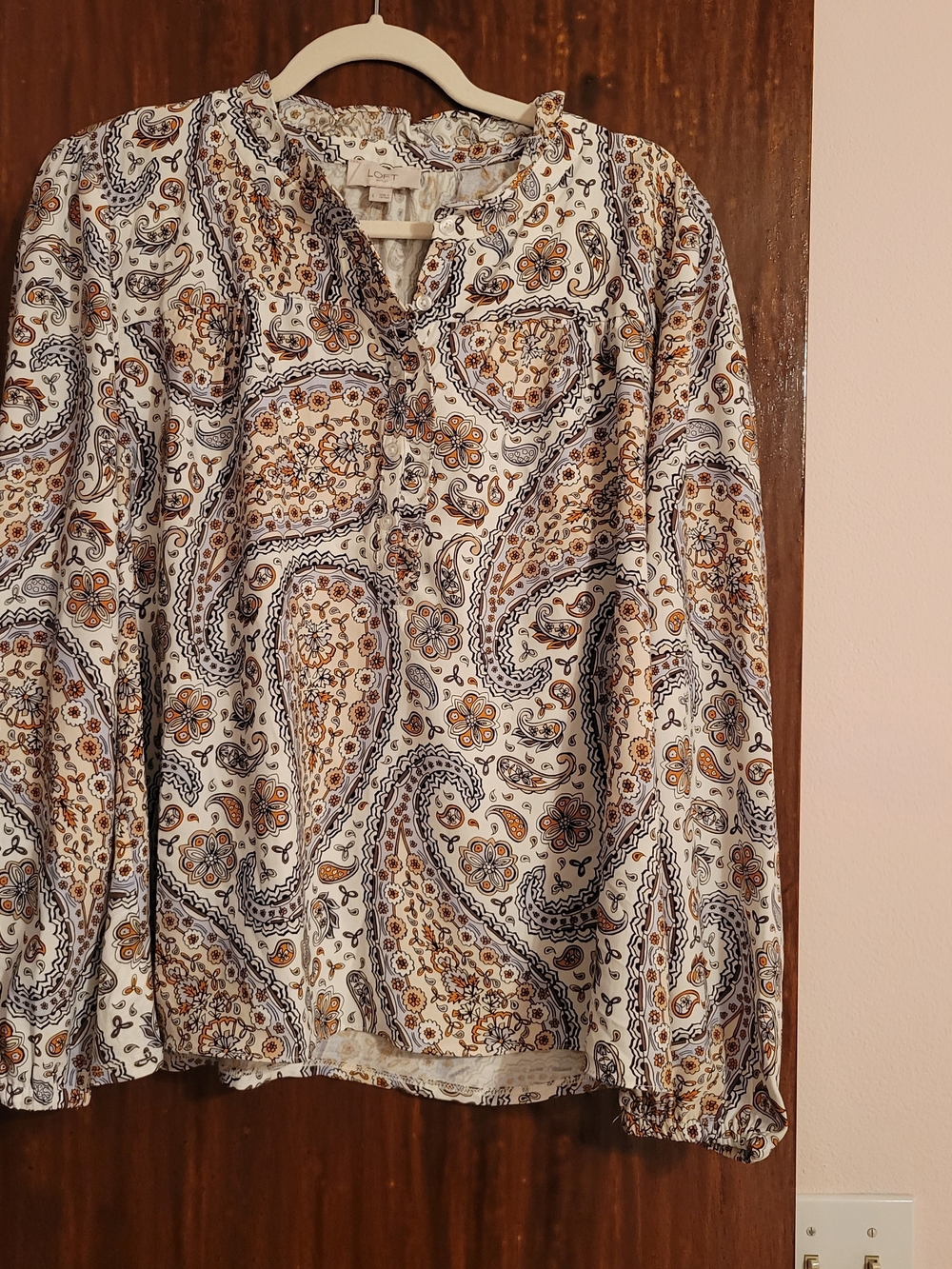 LOFT White Paisley Print Long Sleeve Blouse